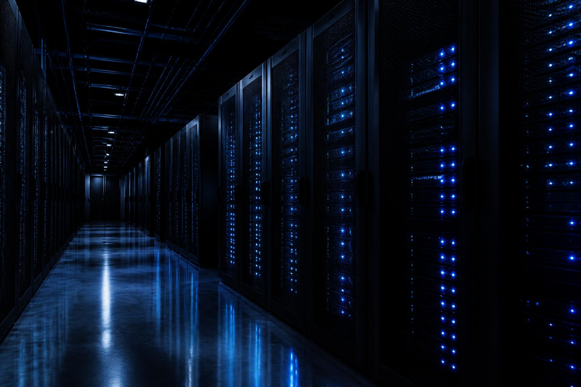 Corredor de data center corporativo com racks de servidores