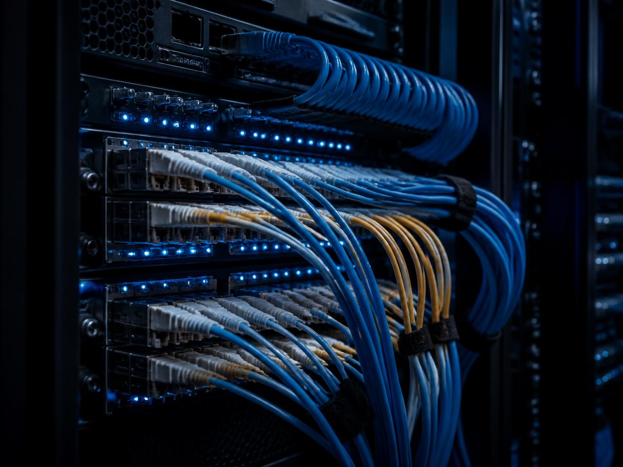 Cabeamento estruturado e patch panel em rack corporativo